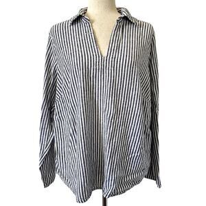 Michael Kors Striped Linen Blend Blouse 1X Relaxed Fit Blue White Coastal Resort